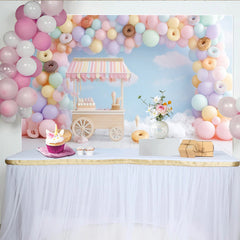 Lofaris Pastel Sweet Birthday Backdrop with Balloons and Donuts, Charming Candy Cart Ice Cream Party Decor for Photoshoot