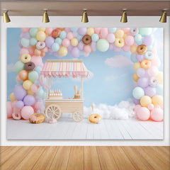 Lofaris Pastel Sweet Birthday Backdrop with Balloons and Donuts, Charming Candy Cart Ice Cream Party Decor for Photoshoot