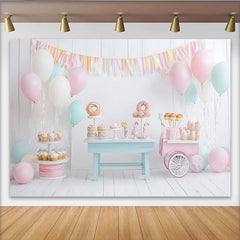 Lofaris Sweet Candy Birthday Backdrop with Pastel Balloons and Dessert Table, White Wood Photography Background for Party Decor