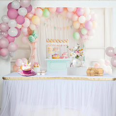 Lofaris Pastel Balloon Birthday Backdrop with Dessert Cart and Bunting Banner, Sweet Party Decoration for Studio Photoshoot