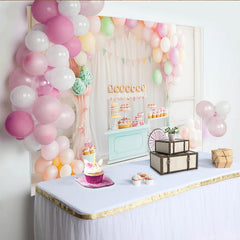Lofaris Pastel Balloon Birthday Backdrop with Dessert Cart and Bunting Banner, Sweet Party Decoration for Studio Photoshoot