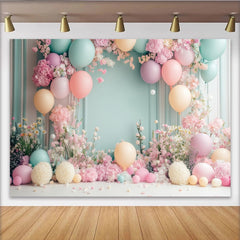 Lofaris Pastel Floral Baby Shower Backdrop with Pink Flowers and Balloons, Elegant Photography Background for Newborn or Party Decoration