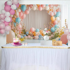 Lofaris Dreamy Pastel Balloon Floral Photography Backdrop with White Curtains, Elegant Studio Background for Party Decor