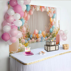 Lofaris Dreamy Pastel Balloon Floral Photography Backdrop with White Curtains, Elegant Studio Background for Party Decor