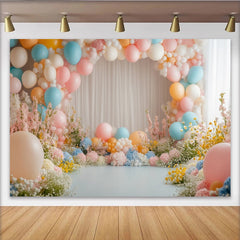 Lofaris Dreamy Pastel Balloon Floral Photography Backdrop with White Curtains, Elegant Studio Background for Party Decor