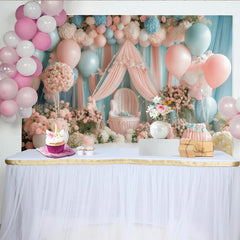 Lofaris Pink and Blue Floral Balloon Baby Shower Backdrop with Drapes and Chair, Dreamy Photography Background for Gender Reveal Party