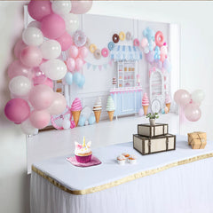 Lofaris Pastel Sweet Shop Birthday Backdrop with Ice Cream and Donuts, Elegant Party Background for Girls Photoshoot
