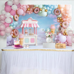 Lofaris Pastel Sweet Shop Birthday Backdrop with Balloons and Donuts, Charming Dessert Stand Background for Girl's Party Photoshoot
