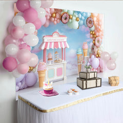 Lofaris Pastel Sweet Shop Birthday Backdrop with Balloons and Donuts, Charming Dessert Stand Background for Girl's Party Photoshoot