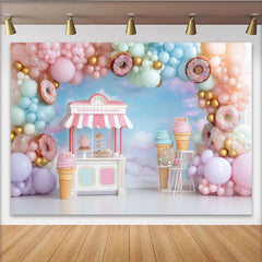 Lofaris Pastel Sweet Shop Birthday Backdrop with Balloons and Donuts, Charming Dessert Stand Background for Girl's Party Photoshoot