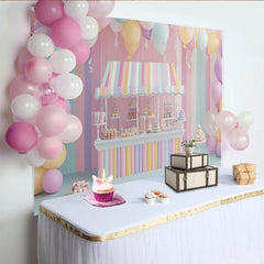 Lofaris Pastel Candy Shop Birthday Backdrop with Balloons and Sweets, Sweet Party Decor for Kids Photoshoot and Celebration