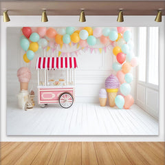 Lofaris Pastel Ice Cream Birthday Backdrop with Balloons and Sweet Cart, White Wood Floor Photography Background for Cake Smash Party