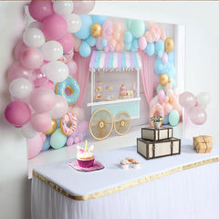 Lofaris Pastel Donut Birthday Backdrop with Sweet Dessert Cart and Balloons, Charming Party Decor for Kids Photoshoot and Celebration