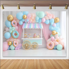 Lofaris Pastel Donut Birthday Backdrop with Sweet Dessert Cart and Balloons, Charming Party Decor for Kids Photoshoot and Celebration