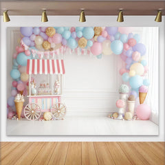 Lofaris Pastel Balloon Candy Cart Birthday Backdrop with Sweet Shop Theme and Bunting, Photography Background for Kids Party Decor