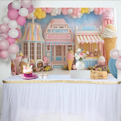 Lofaris Pastel Candy Ice Cream Shop Birthday Backdrop with Balloons, Sweet Photography Background for Kids Party Decor