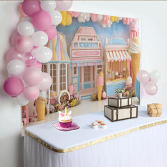 Lofaris Pastel Candy Ice Cream Shop Birthday Backdrop with Balloons, Sweet Photography Background for Kids Party Decor