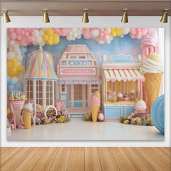Lofaris Pastel Candy Ice Cream Shop Birthday Backdrop with Balloons, Sweet Photography Background for Kids Party Decor