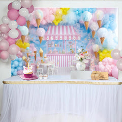 Lofaris Pastel Ice Cream Shop Photography Backdrop with Balloons and Cotton Candy, Sweet Dessert Stand Background for Kids Party Photoshoot