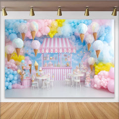Lofaris Pastel Ice Cream Shop Photography Backdrop with Balloons and Cotton Candy, Sweet Dessert Stand Background for Kids Party Photoshoot