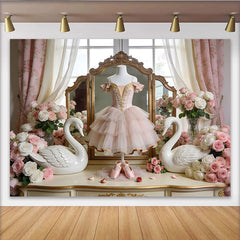 Lofaris Elegant Pink Ballet Photography Backdrop with Swans and Roses, Vintage Princess Photo Background for Studio Photoshoot