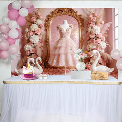 Lofaris Pink Princess Photography Backdrop with Golden Mirror and Swans, Elegant Floral Background for Girls Party Photoshoot
