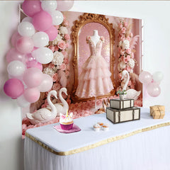 Lofaris Pink Princess Photography Backdrop with Golden Mirror and Swans, Elegant Floral Background for Girls Party Photoshoot