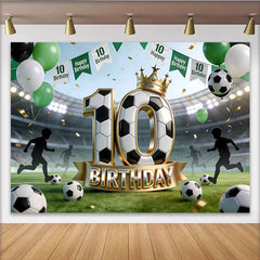 Lofaris Soccer 10th Birthday Backdrop with Golden Crown and Balloons, Green Stadium Field Background for Kids Party Photoshoot