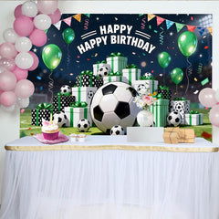 Lofaris Vibrant Soccer Birthday Backdrop with Green Balloons and Gift Boxes, Stadium Field Background for Sports Party Decor