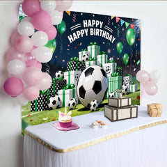 Lofaris Vibrant Soccer Birthday Backdrop with Green Balloons and Gift Boxes, Stadium Field Background for Sports Party Decor