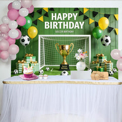 Lofaris Green Soccer Birthday Backdrop with Trophy, Goal and Balloons, Sports Field Background for Kids Party Photography