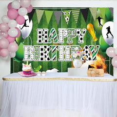 Lofaris Green Soccer Field Sports Birthday Backdrop with Player Silhouettes, Happy Birthday Party Decor and Trophy for Photoshoot