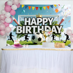 Lofaris Soccer Happy Birthday Backdrop with Golden Trophy and Goal, Green Grass Field Background for Sports Theme Party Decoration