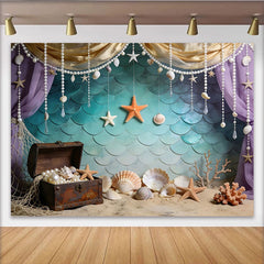 Lofaris Mermaid Photography Backdrop with Teal Scales and Treasure Chest, Ocean Theme Photo Background for Studio Photoshoot