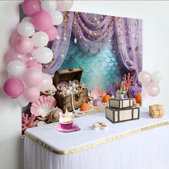 Lofaris Purple Mermaid Treasure Photography Backdrop with Pearls and Seashells, Underwater Fantasy Studio Background for Kids Photoshoot