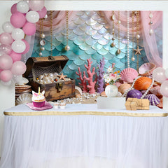Lofaris Magical Mermaid Scale Photography Backdrop with Treasure Chest, Vibrant Coral and Ocean Floor Background for Photoshoot Decor