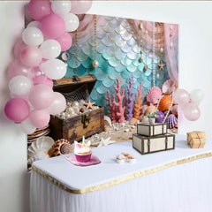 Lofaris Magical Mermaid Scale Photography Backdrop with Treasure Chest, Vibrant Coral and Ocean Floor Background for Photoshoot Decor