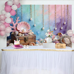 Lofaris Colorful Ocean Mermaid Photography Backdrop with Treasure Chest, Pearls and Seashells Underwater Background for Photo