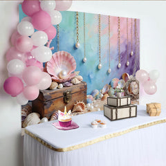 Lofaris Colorful Ocean Mermaid Photography Backdrop with Treasure Chest, Pearls and Seashells Underwater Background for Photo