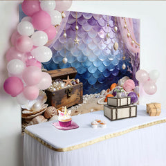 Lofaris Purple Blue Mermaid Scale Photography Backdrop with Treasure Chest and Seashells, Ocean Theme Photo Background for Studio Shoot