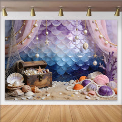 Lofaris Purple Blue Mermaid Scale Photography Backdrop with Treasure Chest and Seashells, Ocean Theme Photo Background for Studio Shoot