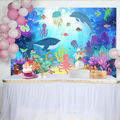 Lofaris Vibrant Underwater Photography Backdrop with Whales and Dolphins, Colorful Ocean Sea Life Background for Studio Photoshoot