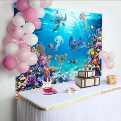 Lofaris Vibrant Underwater Ocean Photography Backdrop with Colorful Coral Reef Diverse Marine Life, Blue Sea Background for Photoshoot