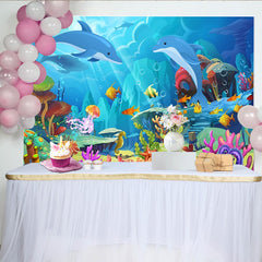 Lofaris Vibrant Cartoon Ocean Photography Backdrop with Dolphins and Colorful Fish, Underwater Scene Background for Kids Party Photoshoot