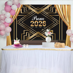 Lofaris Golden Curtains Prom Backdrop with Black and Gold Art Deco Pattern, Elegant Stage Photography Background for Dance Party