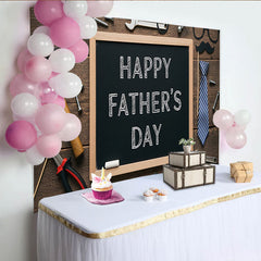 Lofaris Rustic Wood Fathers Day Backdrop with Tools and Mustache Props, Chalkboard Background for Celebration Party Decor