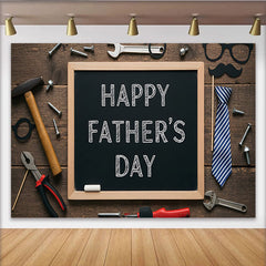 Lofaris Rustic Wood Fathers Day Backdrop with Tools and Mustache Props, Chalkboard Background for Celebration Party Decor