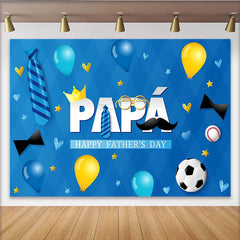 Lofaris Blue Fathers Day Backdrop with PAPÁ Text, Crown, Mustache, Ties, Festive Party Background for Celebration