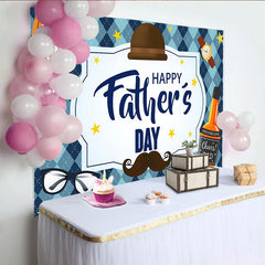 Lofaris Blue Argyle Happy Father's Day Backdrop with Baseball Glove and Hat, Mustache and Glasses Photo Background for Party Decor