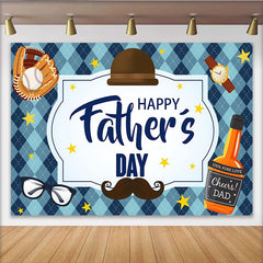 Lofaris Blue Argyle Happy Father's Day Backdrop with Baseball Glove and Hat, Mustache and Glasses Photo Background for Party Decor